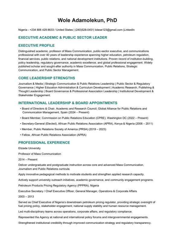First page of Executive Curriculum Vitae 2026